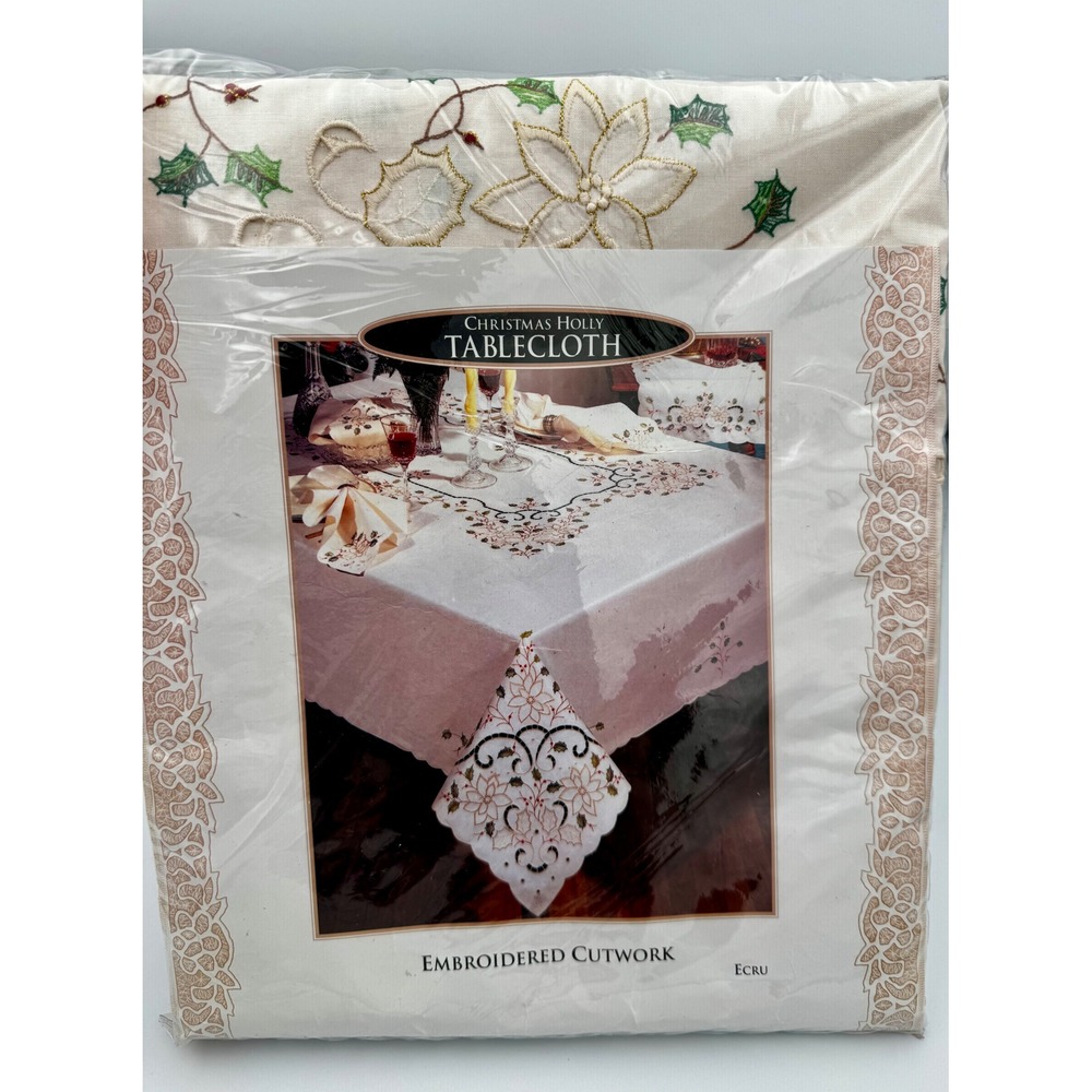 Vtg 1995 Christmas Holly Tablecloth 66x84 Oblong NIP Embroidered Cutwork Ecru - Picture 4 of 11